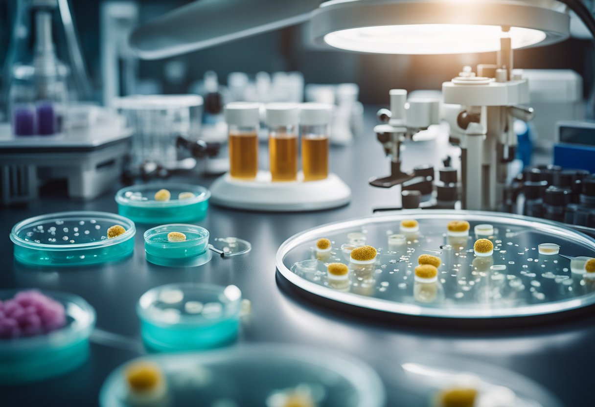 A petri dish with C. difficile colonies growing, surrounded by lab equipment and diagnostic tools