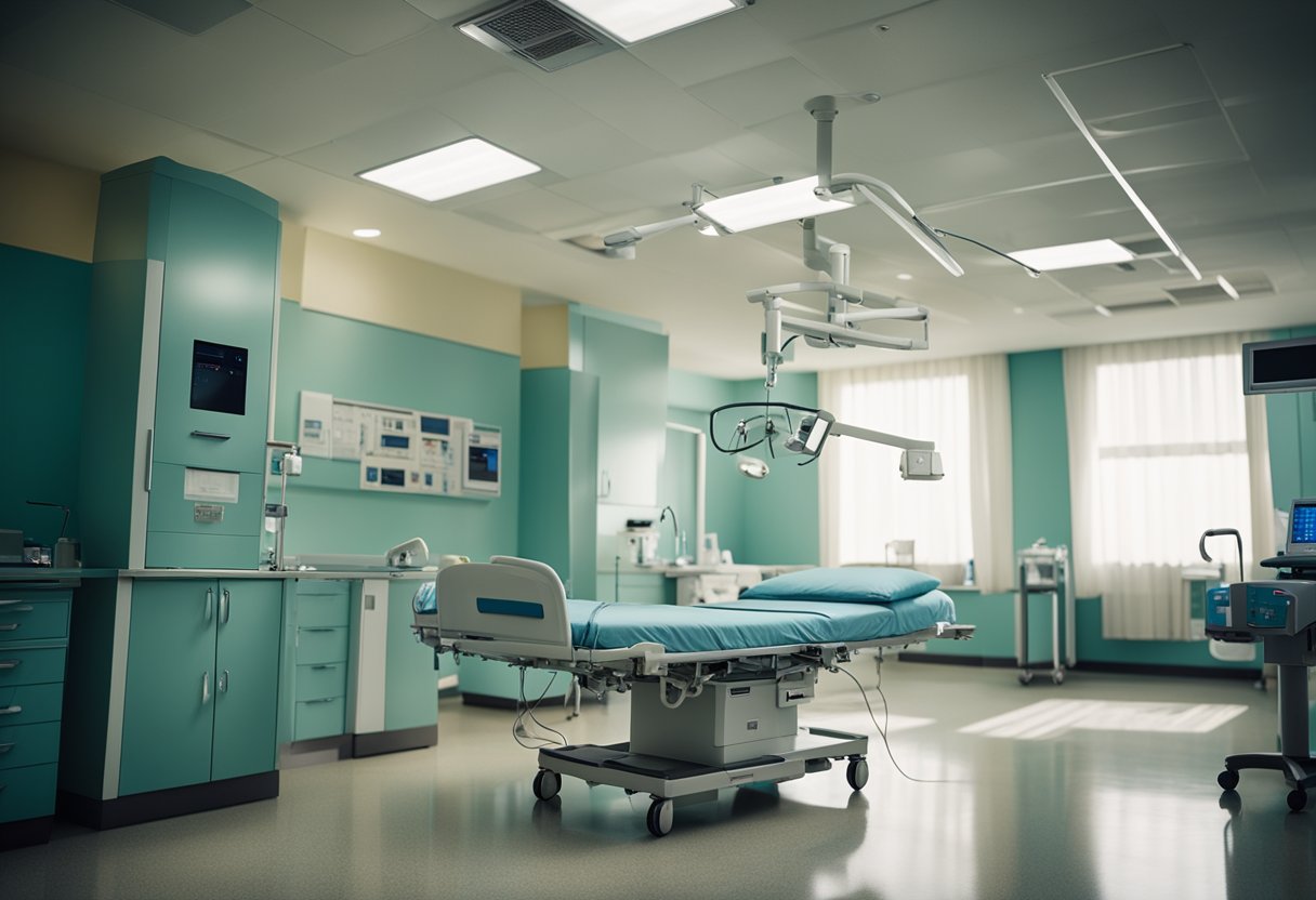 A hospital room with a contaminated surface, a patient bed, and medical equipment, illustrating the transmission of Clostridioides difficile infections