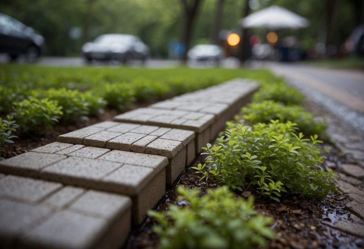 A team of pavers lays permeable bricks in a city park, surrounded by lush vegetation and rain gardens. Stormwater flows through the porous surface, filtering into the soil below