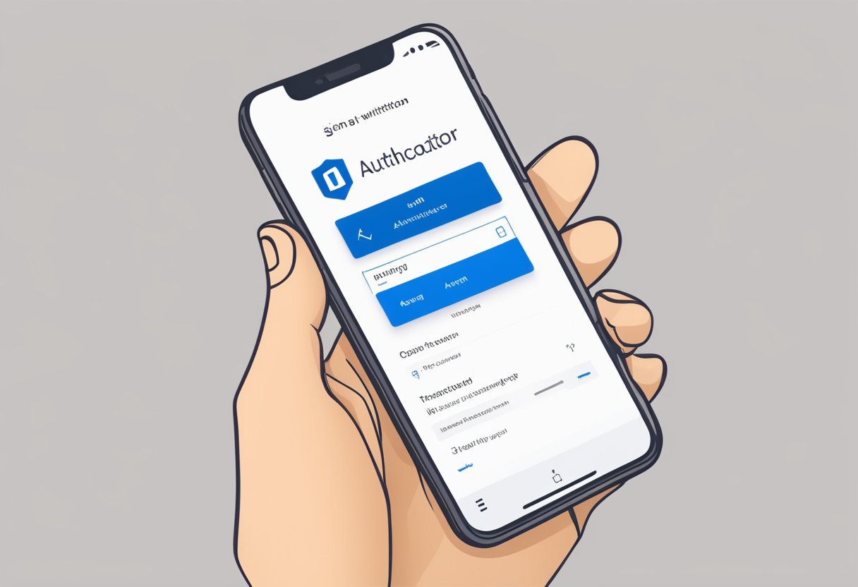 A smartphone displaying the Microsoft Authenticator app with a prompt to sign into Outlook without the app. An arrow points to the "Sign In" button