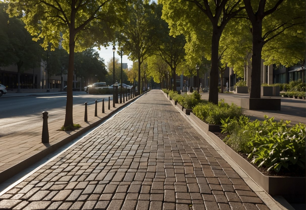 A city street lined with permeable pavers, allowing rainwater to seep into the ground. Trees and plants are thriving in the green spaces between the pavers, providing shade and reducing urban heat