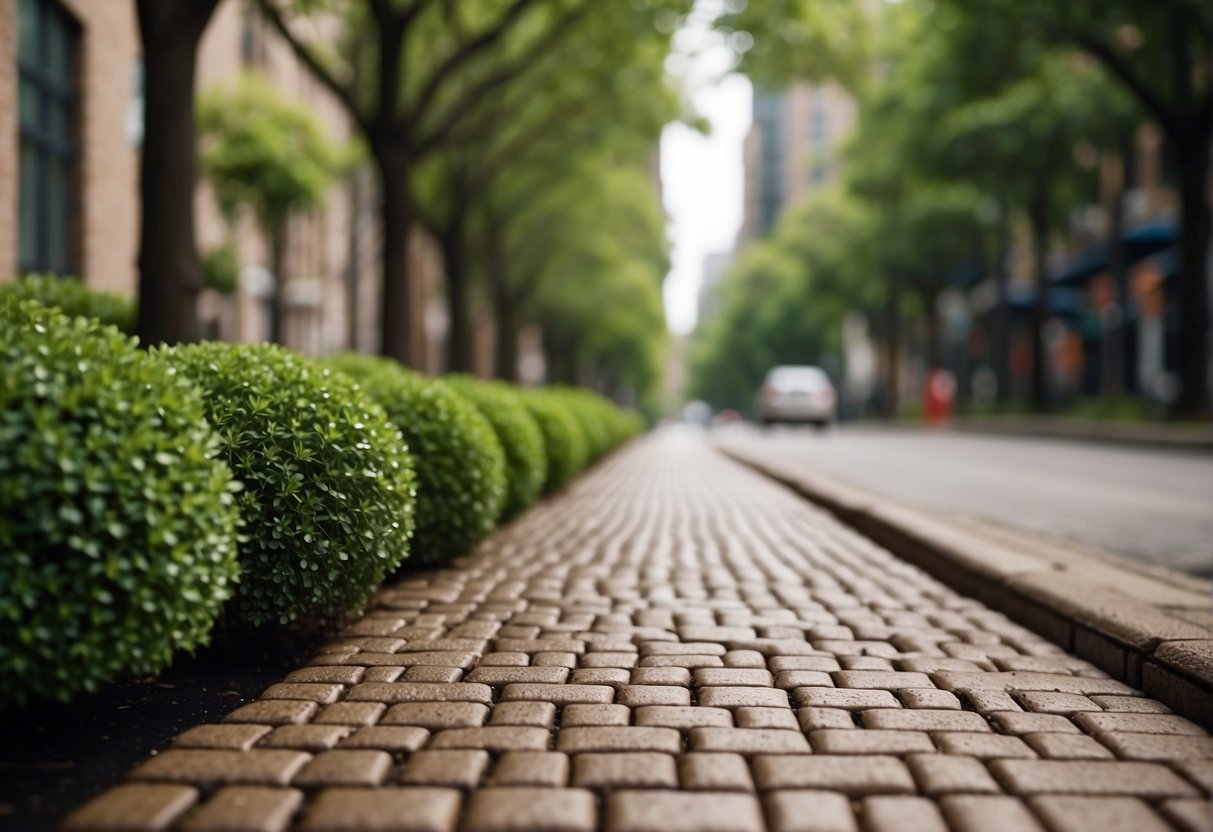 A city street lined with porous pavers, allowing water to seep into the ground. Lush greenery and trees are interspersed between the pavers, creating a sustainable and eco-friendly urban environment