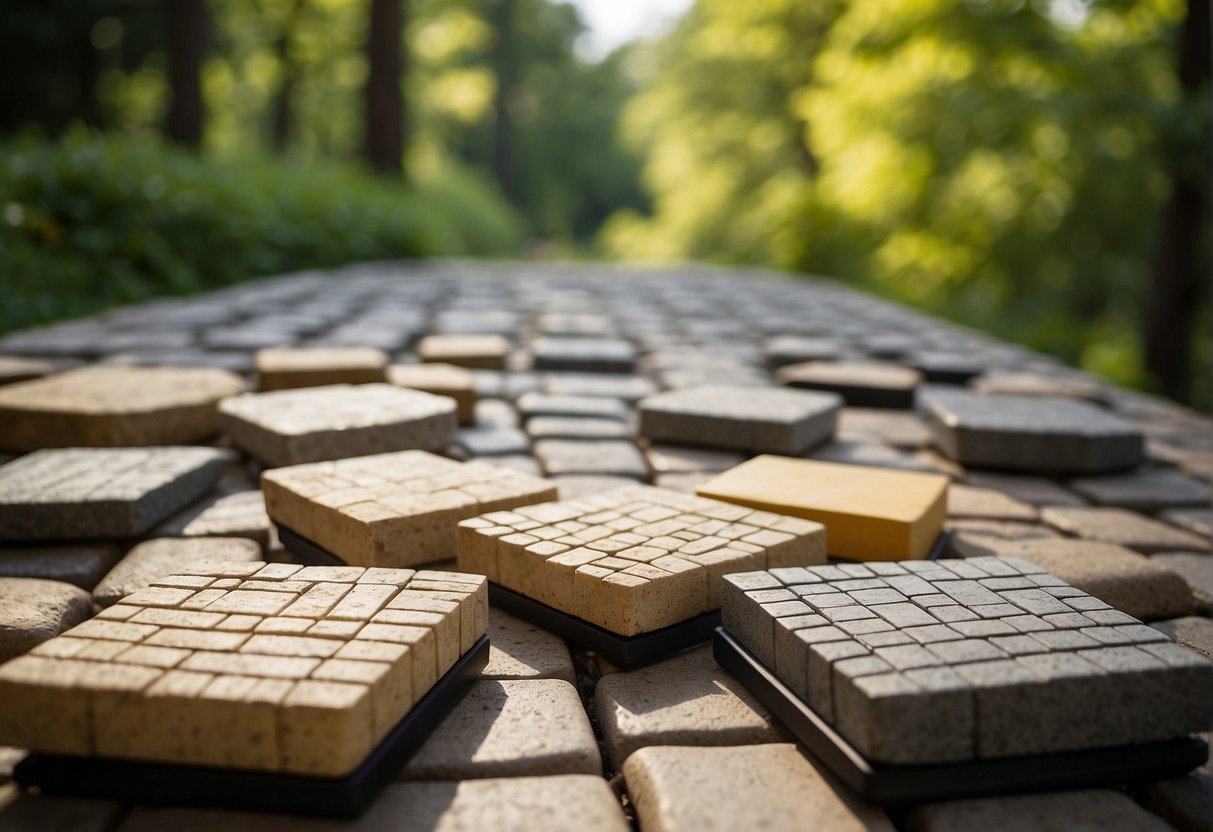 A variety of paver options laid out on a scale, with carbon footprint data displayed next to each one. Trees and greenery in the background to symbolize environmental impact