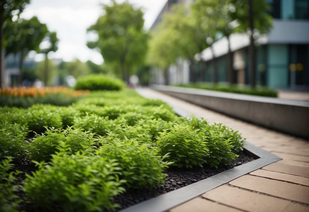 Lush greenery surrounds a modern urban landscape paved with eco-friendly materials. Clean air and water flow freely, showcasing the long-term environmental benefits of sustainable pavers