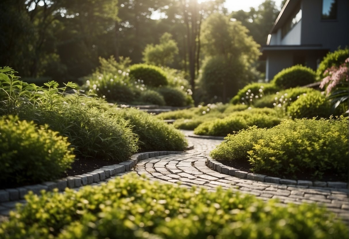 A landscape with sustainable pavers surrounded by lush greenery, showcasing their long-term environmental benefits