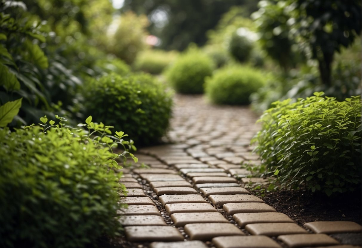 A garden pathway made of sustainable pavers, surrounded by lush greenery. Rainwater is being absorbed into the ground, reducing runoff and benefiting the environment