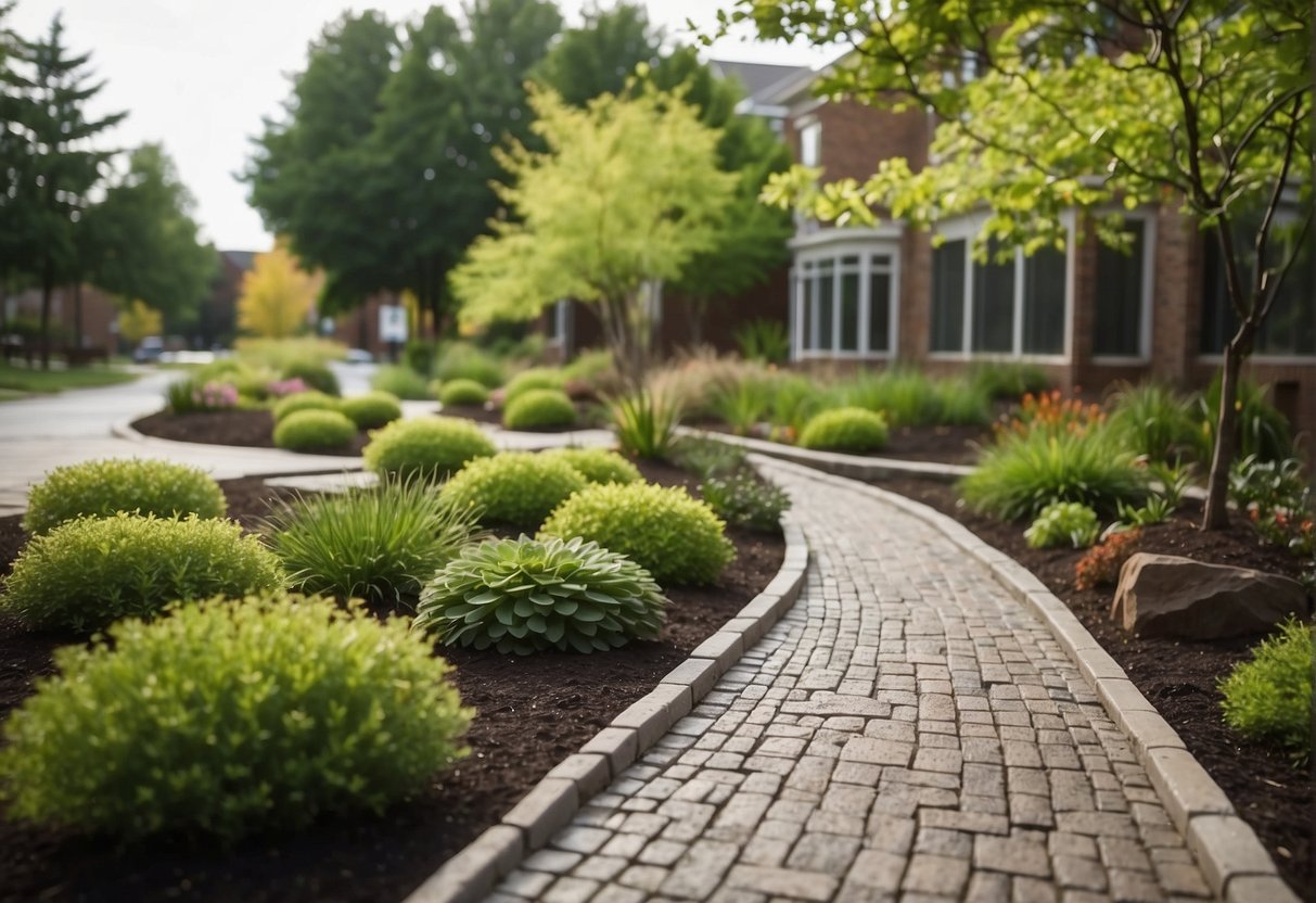 A landscaped area with permeable pavers surrounded by native plants and trees, with a rain garden to capture and filter stormwater runoff