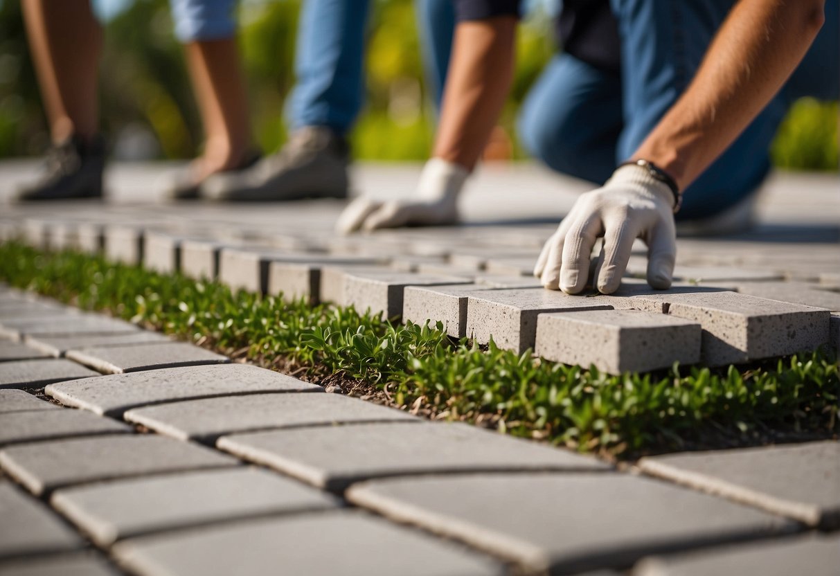 A team lays eco-friendly pavers in a lush Fort Myers landscape. They maintain the sustainable paving solution, ensuring durability and environmental benefits