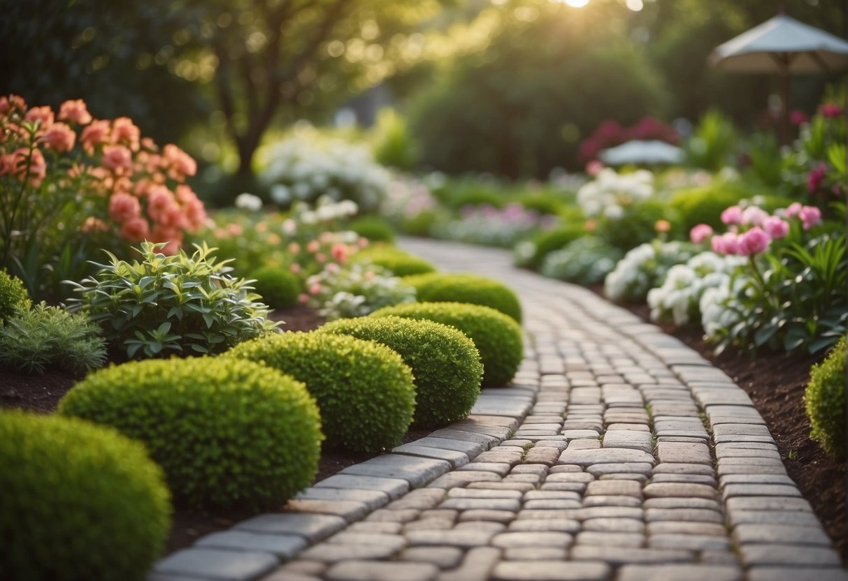 A serene garden with a variety of eco-friendly pavers, surrounded by lush greenery and blooming flowers, showcasing sustainable and environmentally conscious landscaping choices