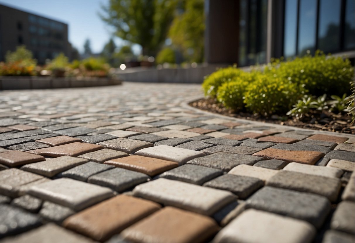 A variety of eco-friendly paver options, such as recycled materials and permeable surfaces, are displayed alongside environmental impact data