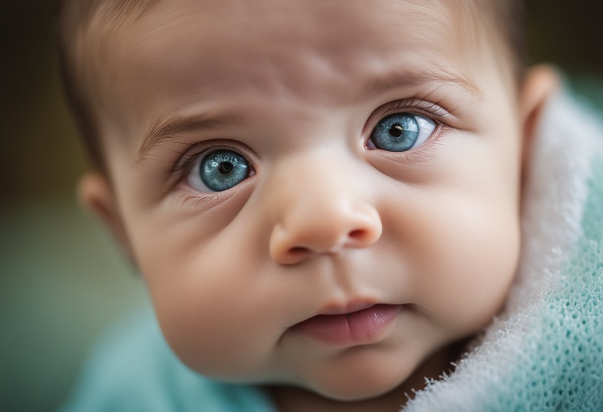 A newborn with congenital rubella, showing characteristic symptoms of rash, fever, and enlarged liver