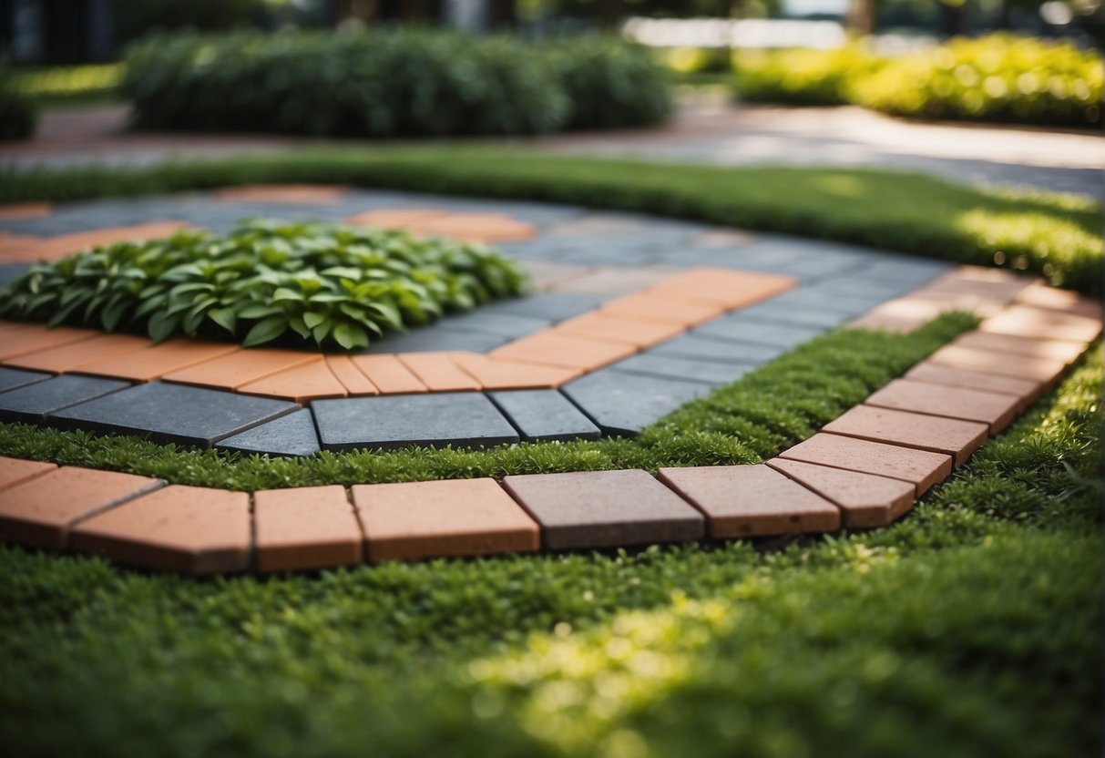 A colorful array of environmentally friendly pavers arranged in a geometric pattern, surrounded by lush greenery and sustainable landscaping features