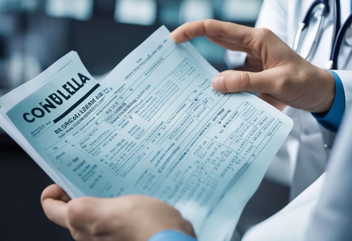 A doctor examines a medical report showing a diagnosis of Congenital rubella