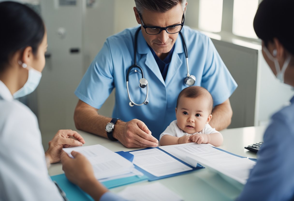 A doctor carefully examines a baby's medical records and discusses treatment options with the parents