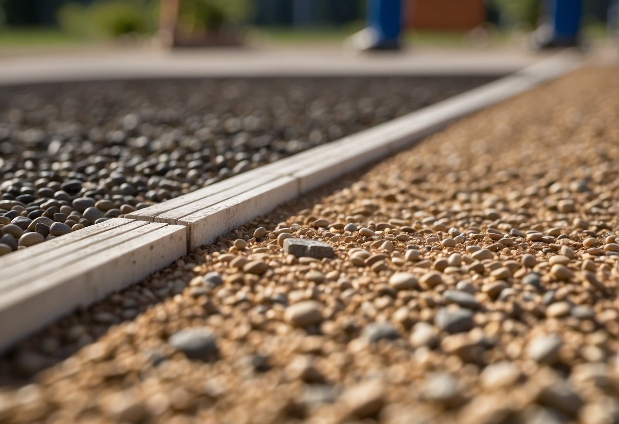 A level, compacted surface with a layer of gravel and sand, ready for paver installation. Stakes and string lines mark the layout, ensuring precise placement