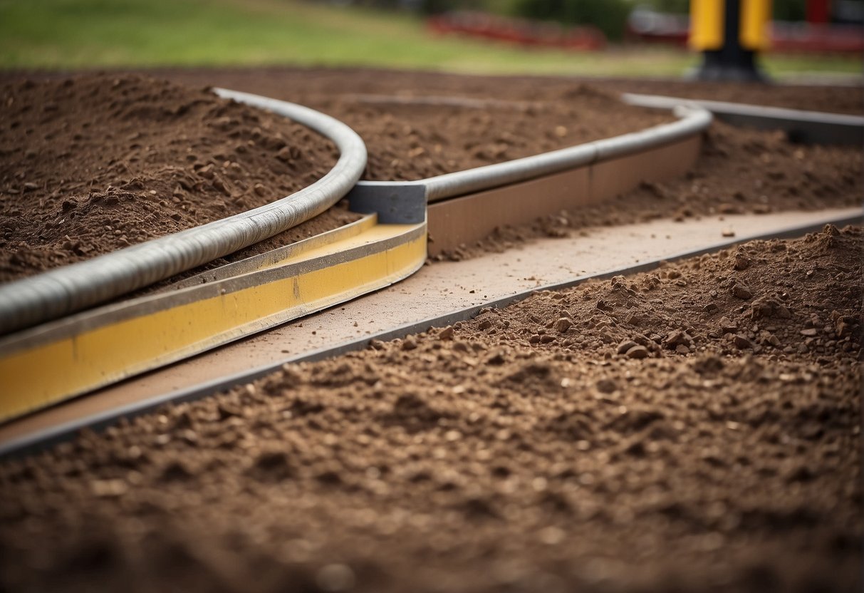 A level ground with marked boundaries, tools and materials laid out, and soil compacted for paver installation