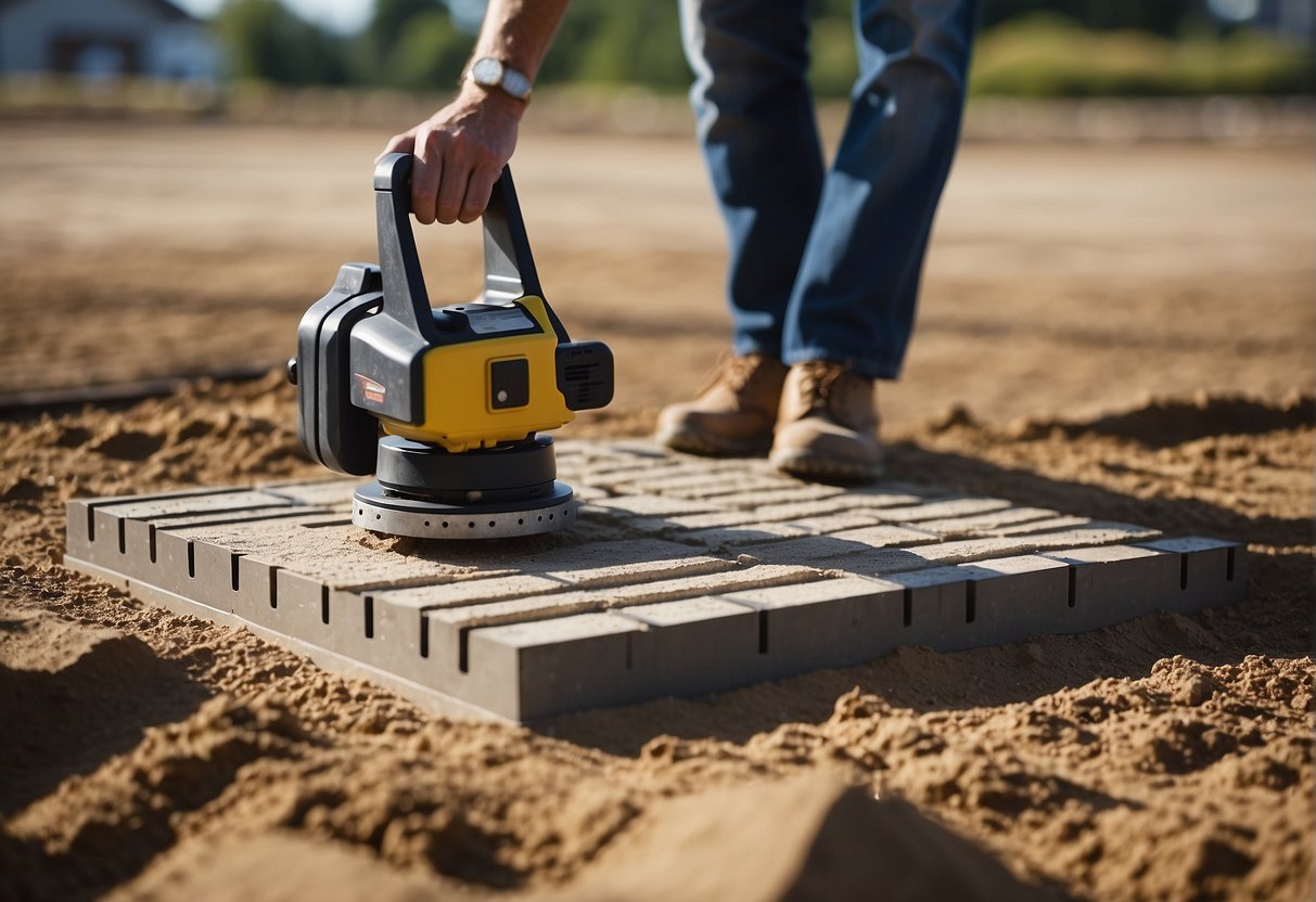 Surveyor measures and marks site boundaries. Ground is cleared and leveled. Soil is compacted and graded for proper drainage. Sand or gravel base is laid for paver installation