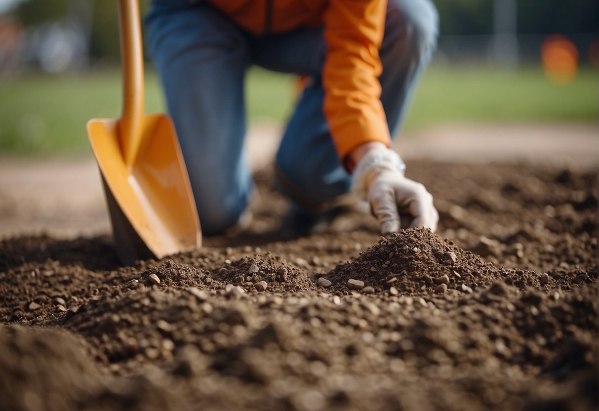 A person examines soil texture and moisture level with a shovel and soil probe. Nearby, a paver installation site is being prepared with compacted soil and gravel base