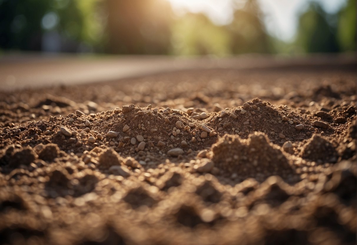 A level ground with compacted soil, gravel base, and sand layer for paver installation. No human subjects or body parts depicted