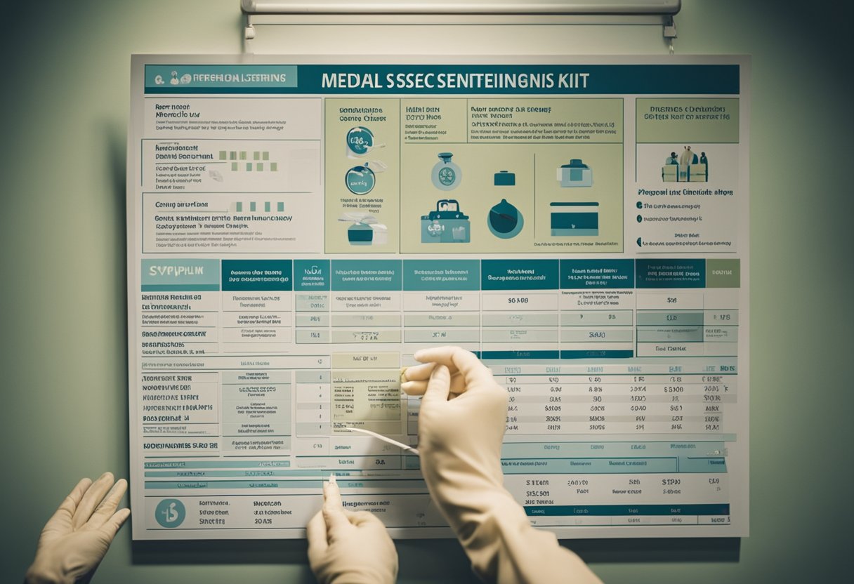 A doctor holds a syphilis screening kit next to a pregnant woman's medical chart. A poster on the wall highlights the importance of preventing congenital syphilis