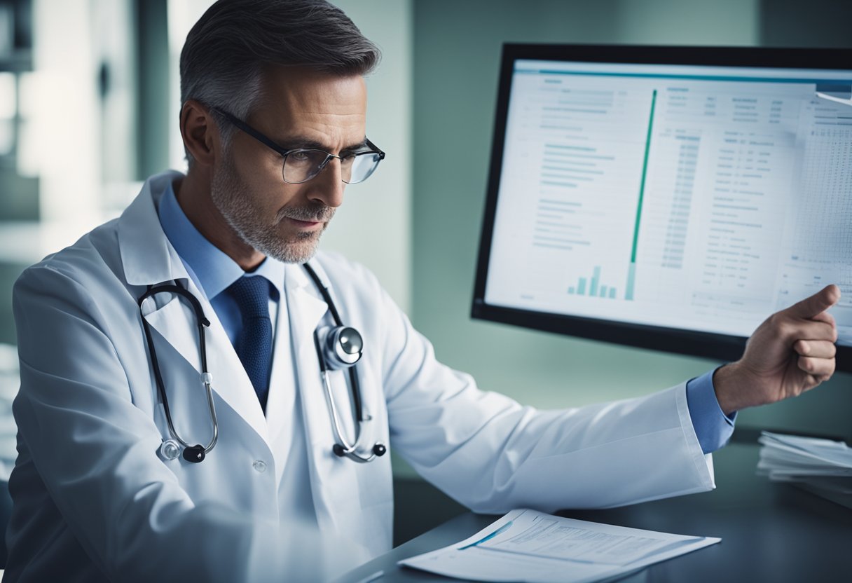 A doctor reviewing medical charts, with a concerned expression