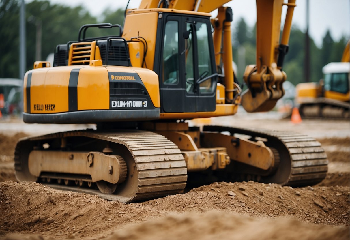 A construction site with heavy machinery leveling and compacting the ground for paver installation. Excavators, bulldozers, and rollers in action