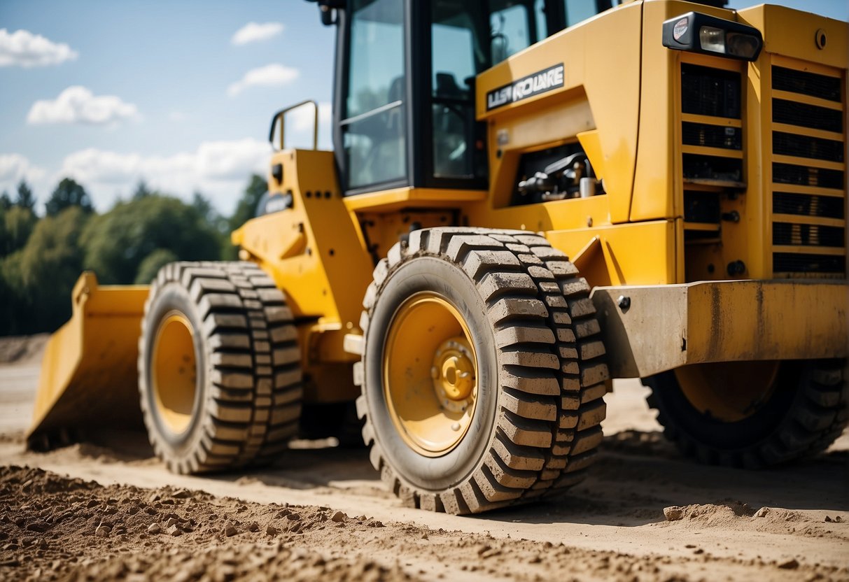 Bulldozer clearing land, leveling surface for paver installation. Sand and gravel spread evenly, compacted for stable base