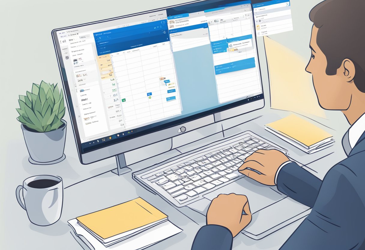 A computer screen displaying Outlook calendar with a cursor adding an optional attendee to a meeting