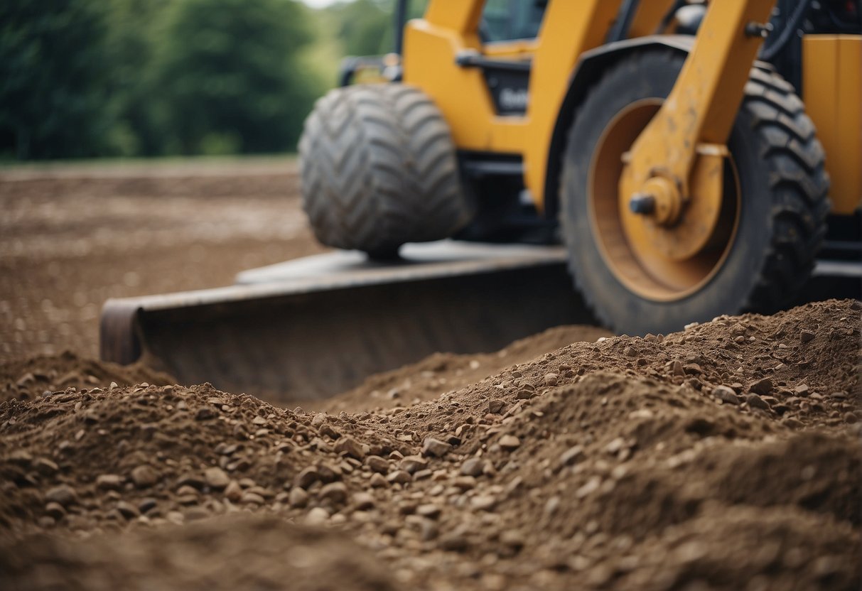 The ground is sloped, with trenches dug for drainage pipes. Gravel and sand are being leveled, with a compacting machine in the background