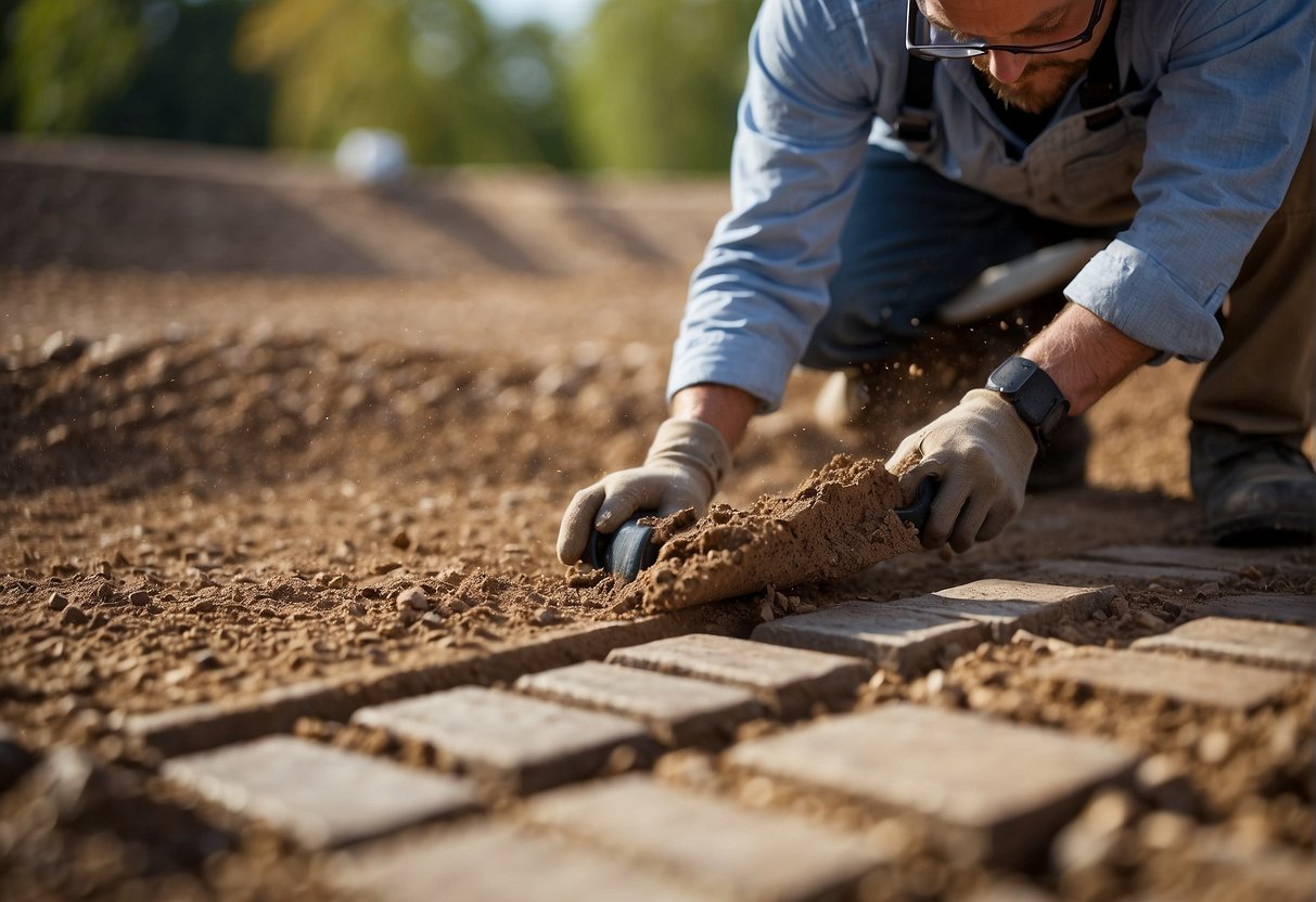 The scene depicts a landscape with proper grading and slope to ensure efficient drainage for paver installation. Attention to detail in site preparation is evident, with consideration given to water flow and runoff