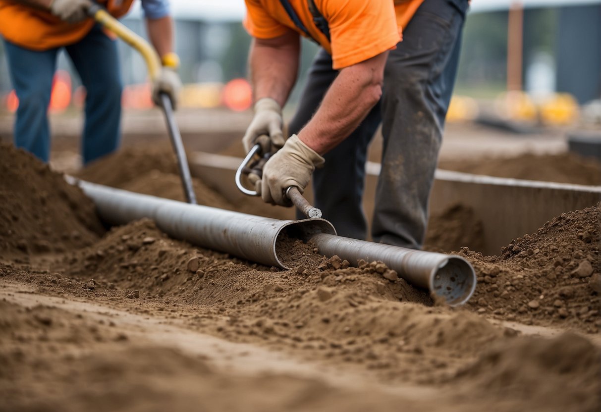 Workers excavating and leveling ground, installing drainage pipes, and compacting soil for stability before laying pavers