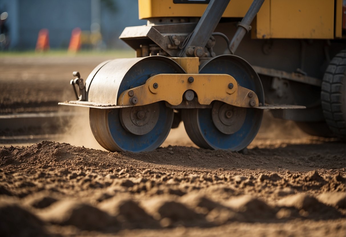 The ground is being leveled and compacted for paver installation. Machinery is smoothing out the subgrade, ensuring a stable base