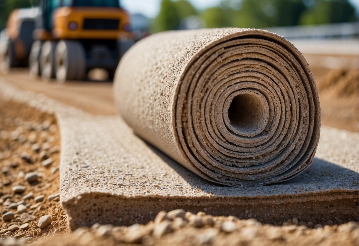 A compacted subgrade with a layer of gravel, sand, and geotextile fabric, ready for paver installation