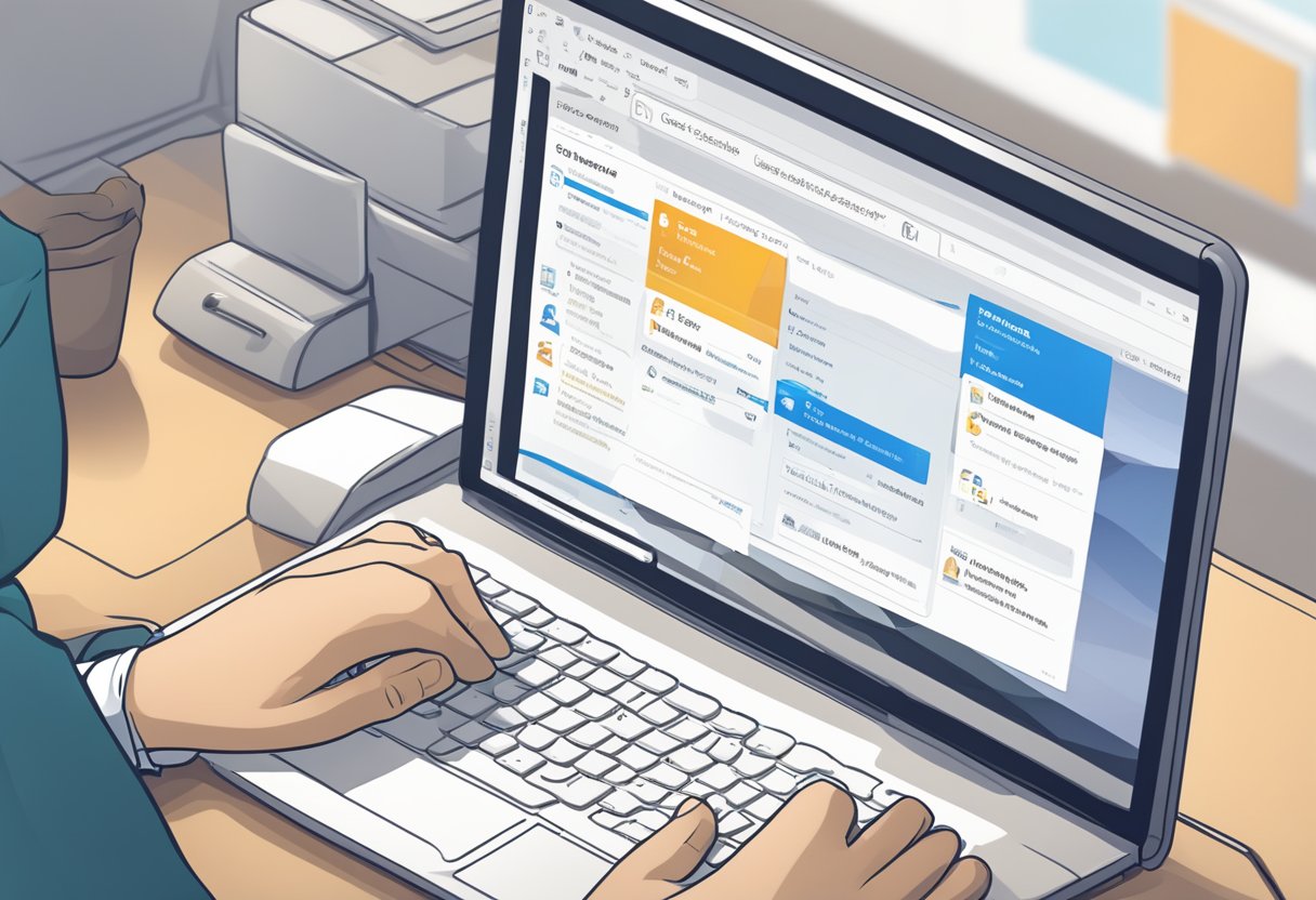 A computer screen displaying the Outlook mailbox interface. A cursor clicks on the search bar and types in keywords to access older emails