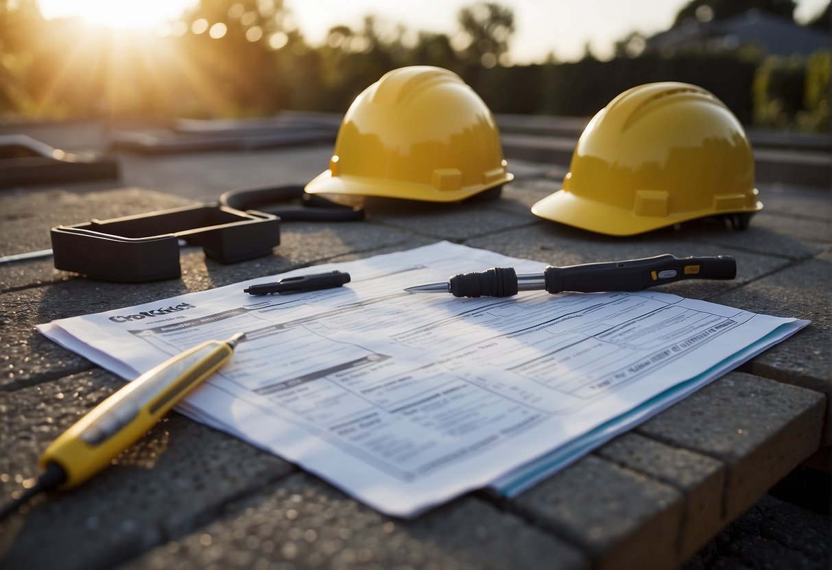 A checklist lies on a table surrounded by pavers, tools, and safety equipment. A site inspector examines the area, noting details and taking measurements