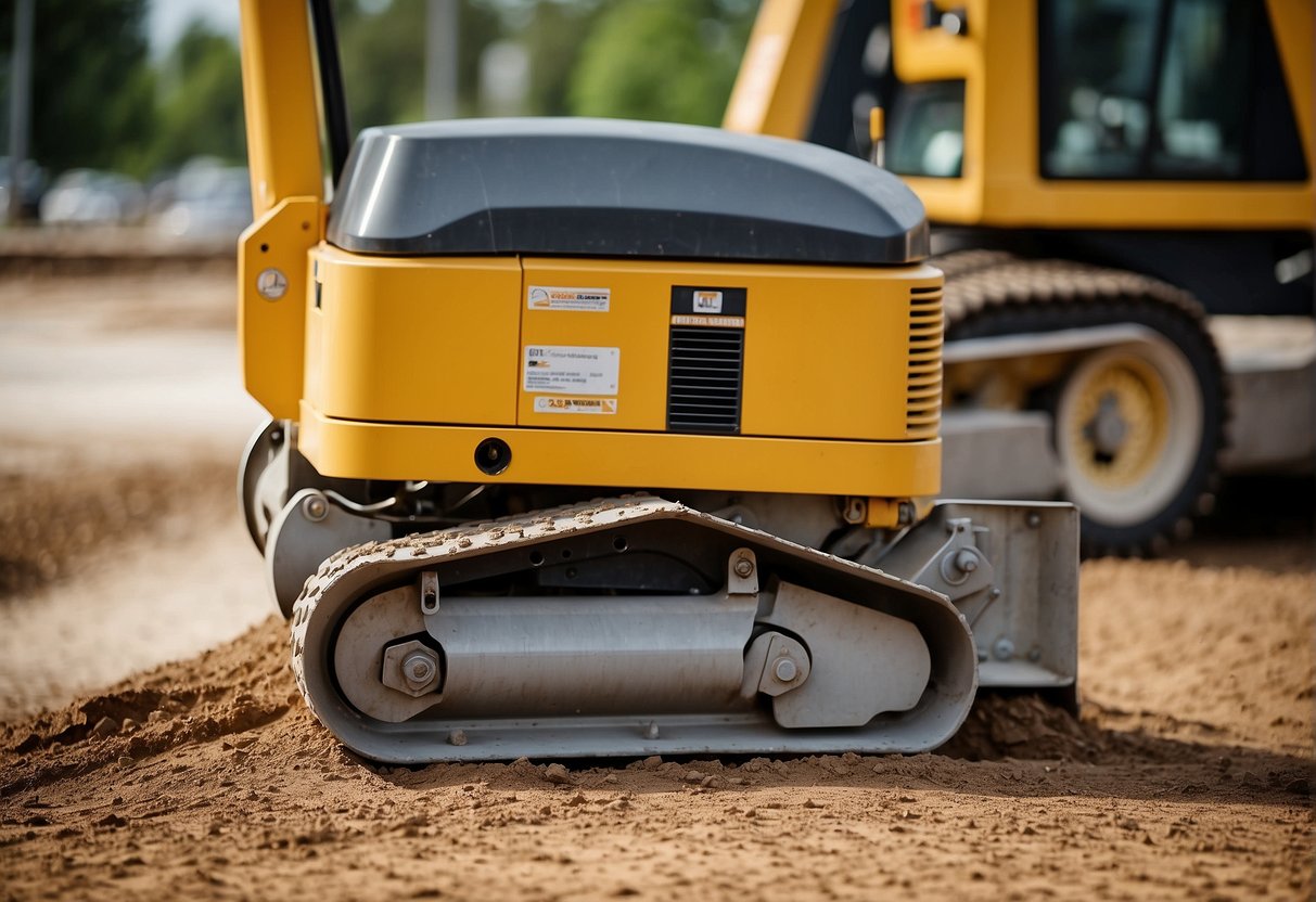 Compaction machine rolls over leveled ground for paver installation