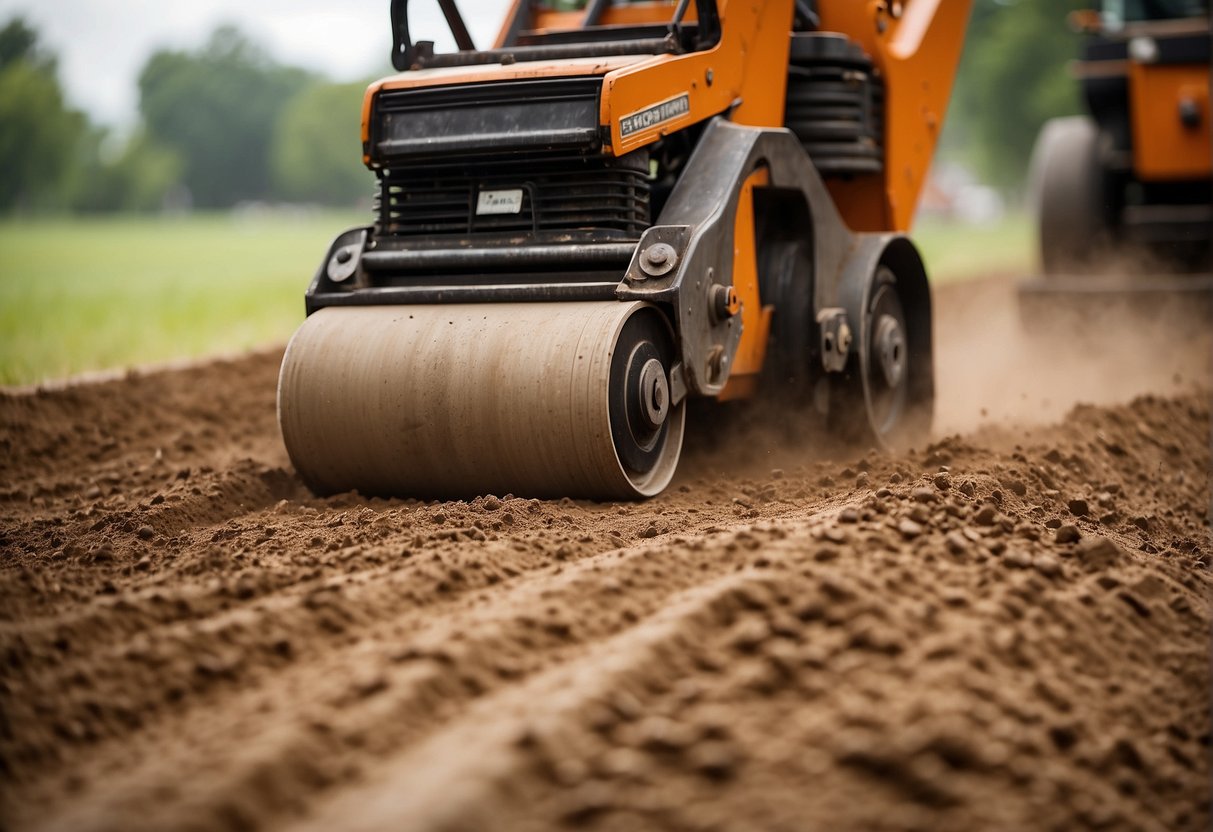 A roller compacting soil for paver installation, creating a smooth, firm surface. Sand and gravel layers are visible beneath the compacted soil