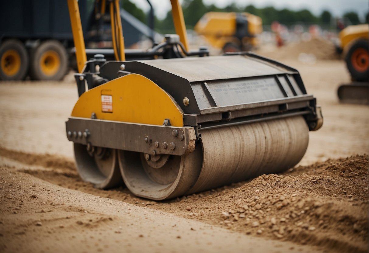 A compactor rolls over a leveled surface, preparing it for paver installation. Sand and gravel are compacted to create a stable base