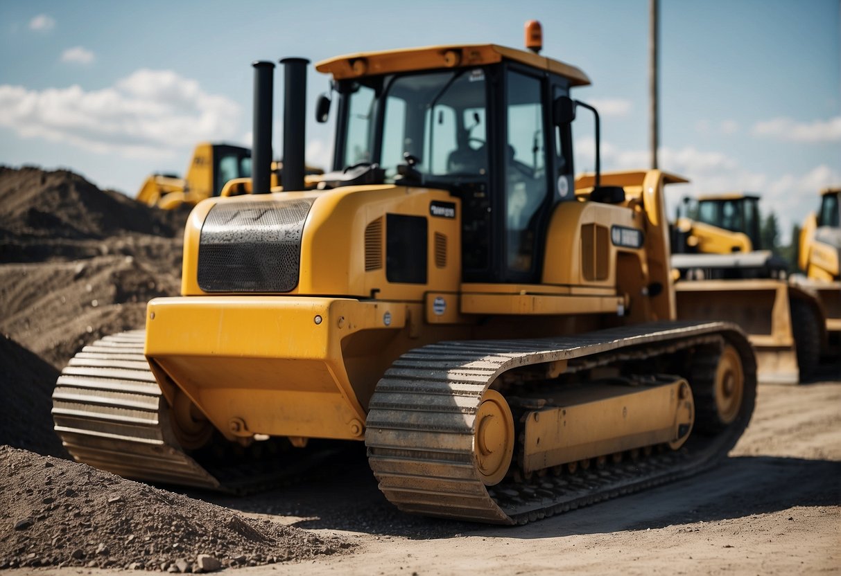 Heavy machinery lines up at a construction site, including excavators, bulldozers, and compactors. Pavers and asphalt materials are stacked nearby