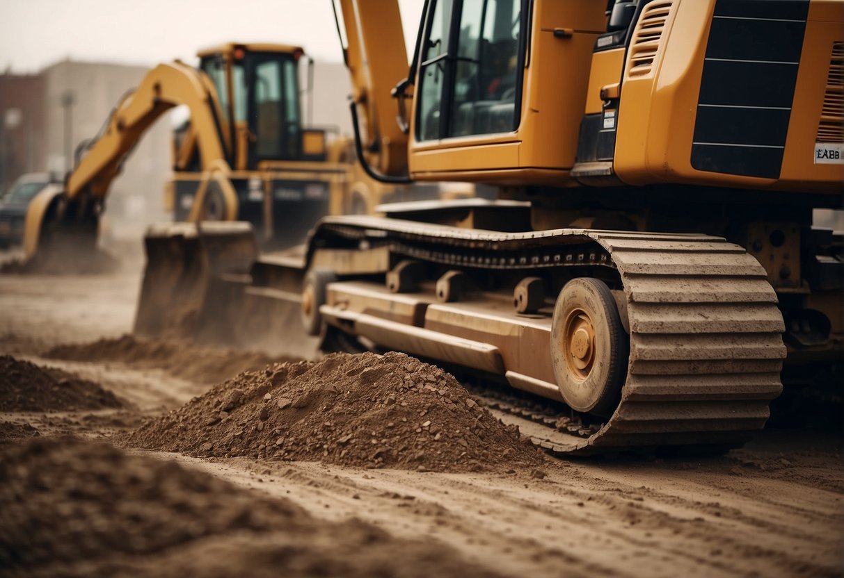 Excavator and bulldozer grading and leveling ground for paver installation. Trucks delivering materials to site