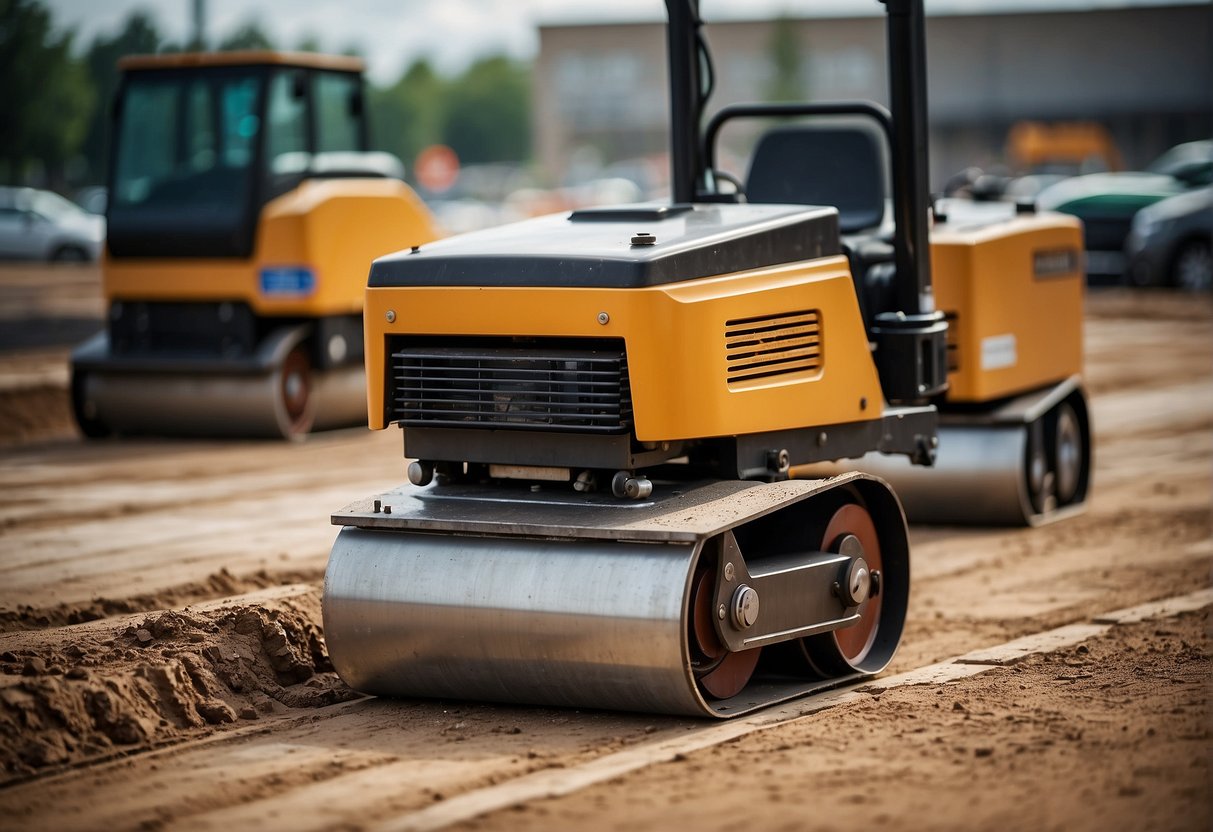 Equipment compacts base material for paver installation. Rollers and compactors level and prepare the site