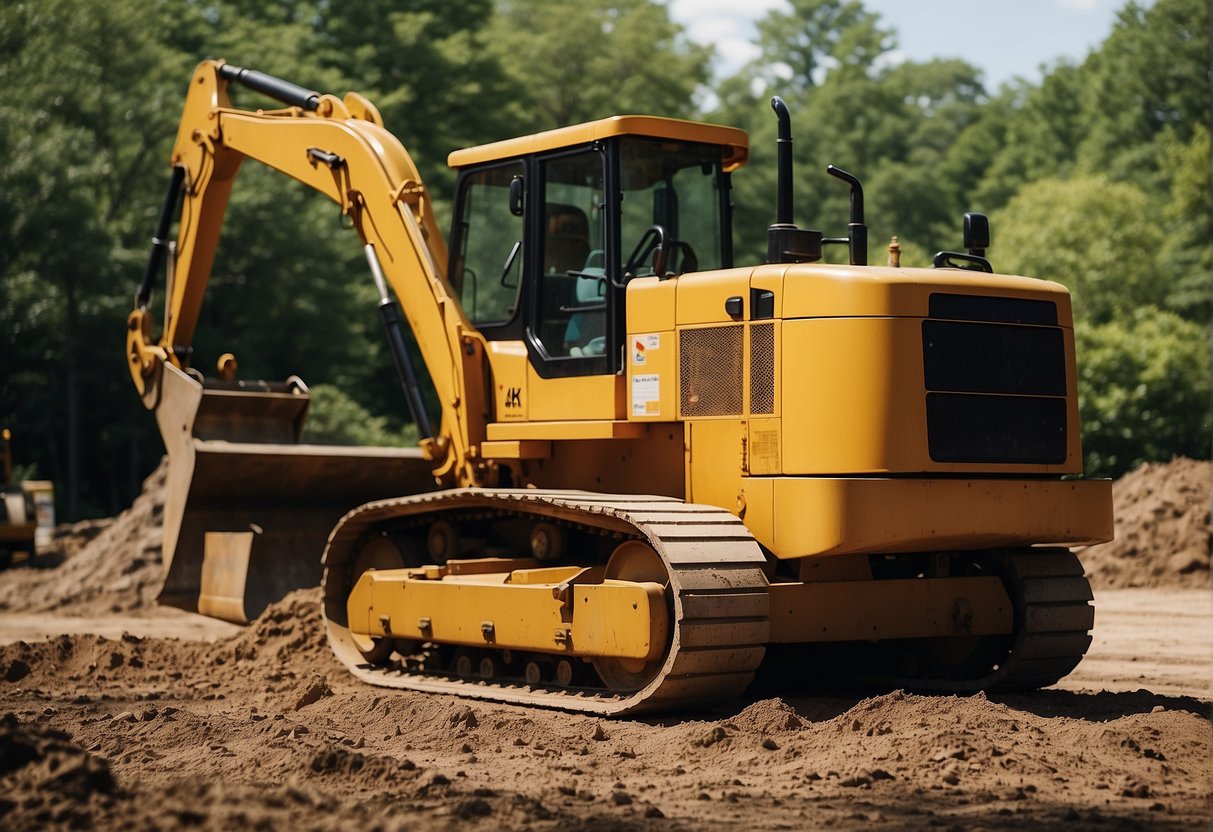 A bulldozer clears debris, while a crew measures and marks the ground for paver installation. Trees and shrubs are carefully protected