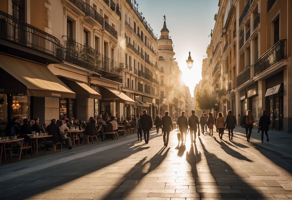 A bustling street in Madrid's exclusive neighborhoods, lined with elegant buildings, upscale shops, and outdoor cafes. The sun casts a warm glow over the scene, as people stroll along the wide sidewalks