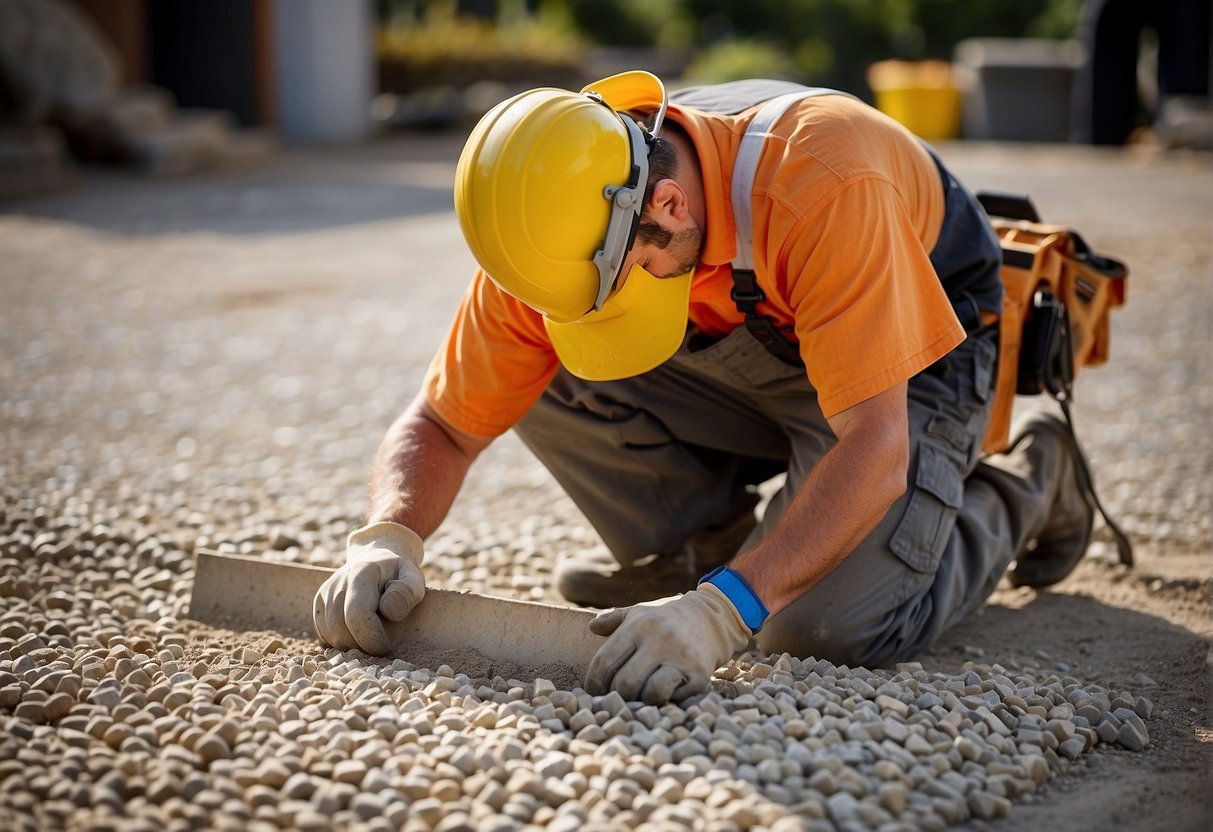 A worker lays down a sturdy base of compacted gravel and sand before carefully placing each paver in a precise pattern for a patio installation