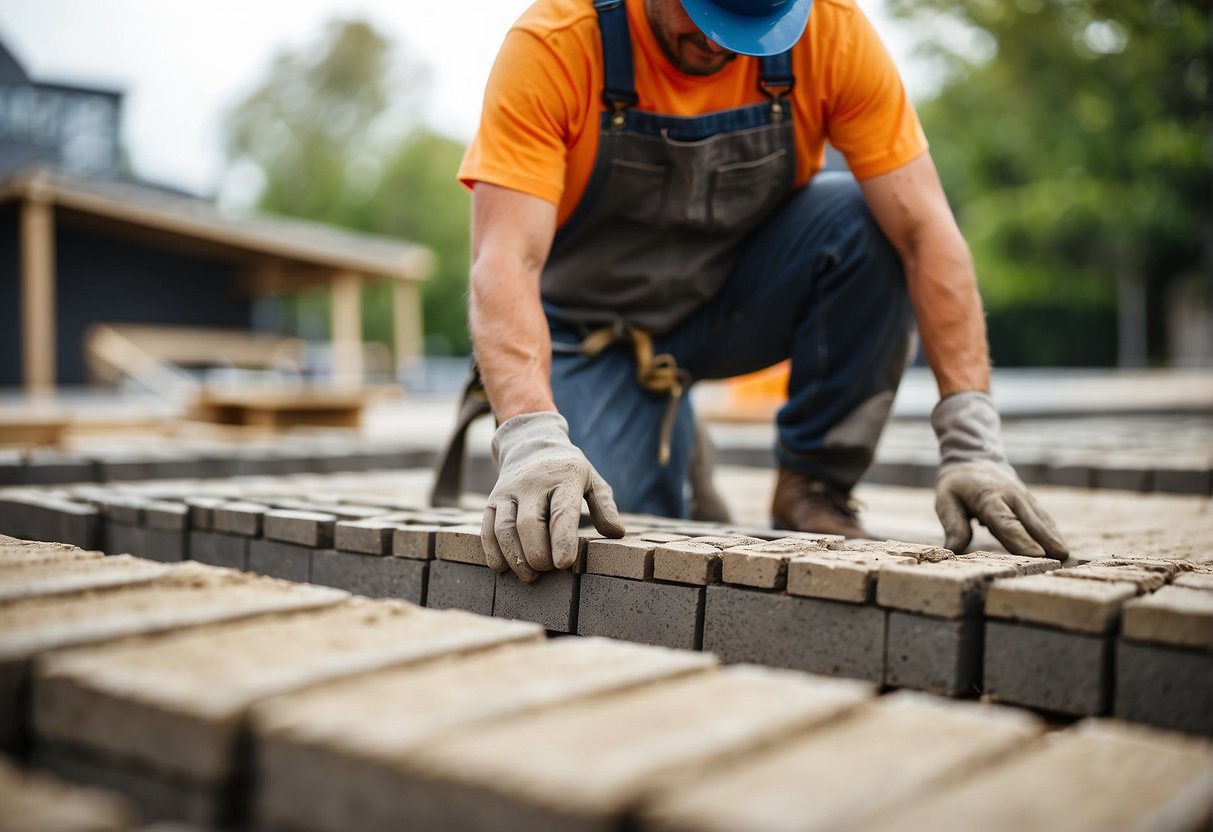 A worker carefully spreads and levels base material for paver installation, ensuring a smooth and stable foundation