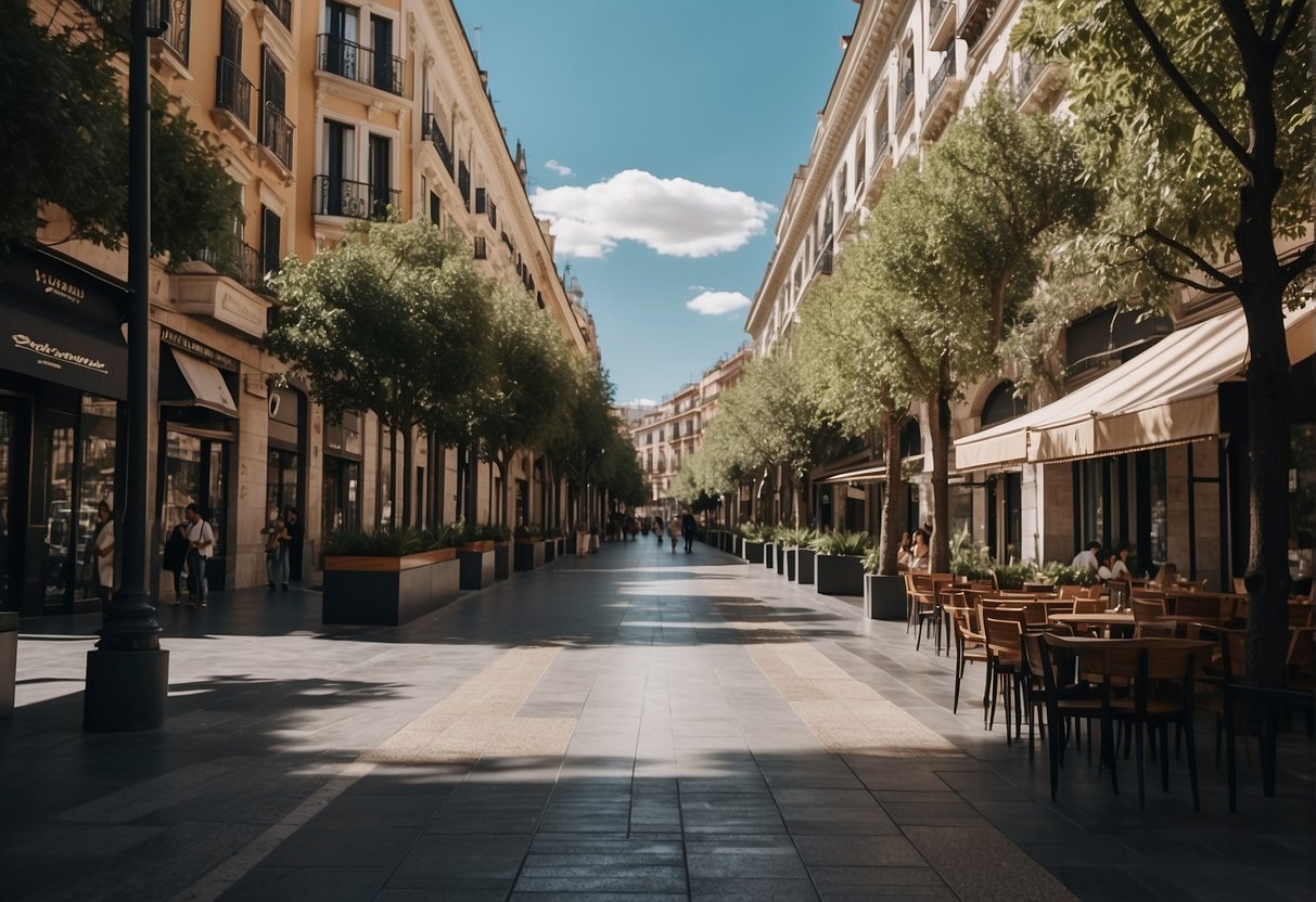 A bustling street in Madrid's exclusive neighborhoods with elegant buildings and trendy shops, surrounded by vibrant cafes and lush greenery