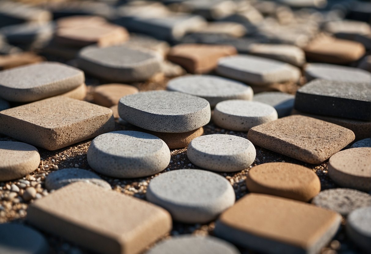 Various base materials for paver installation, including gravel, sand, and concrete, are neatly organized in separate piles on a flat surface