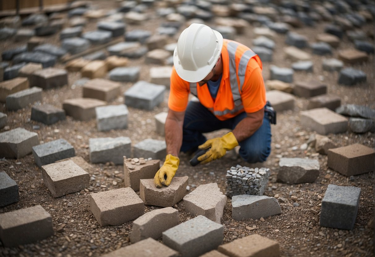 A worker examines various base materials for pavers, including gravel, sand, and crushed stone, while considering factors like durability and water drainage