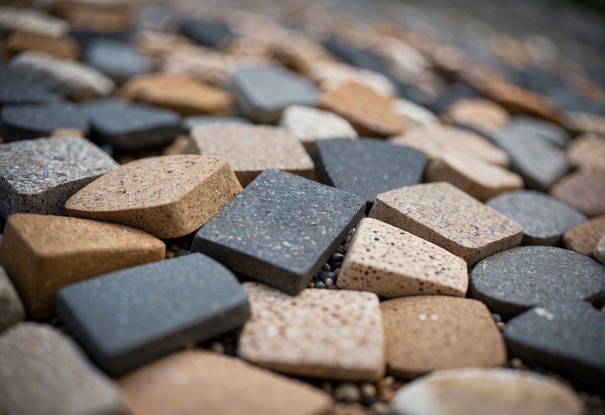 A variety of base materials for pavers are displayed, including gravel, sand, and crushed stone. Factors such as drainage, stability, and cost are considered