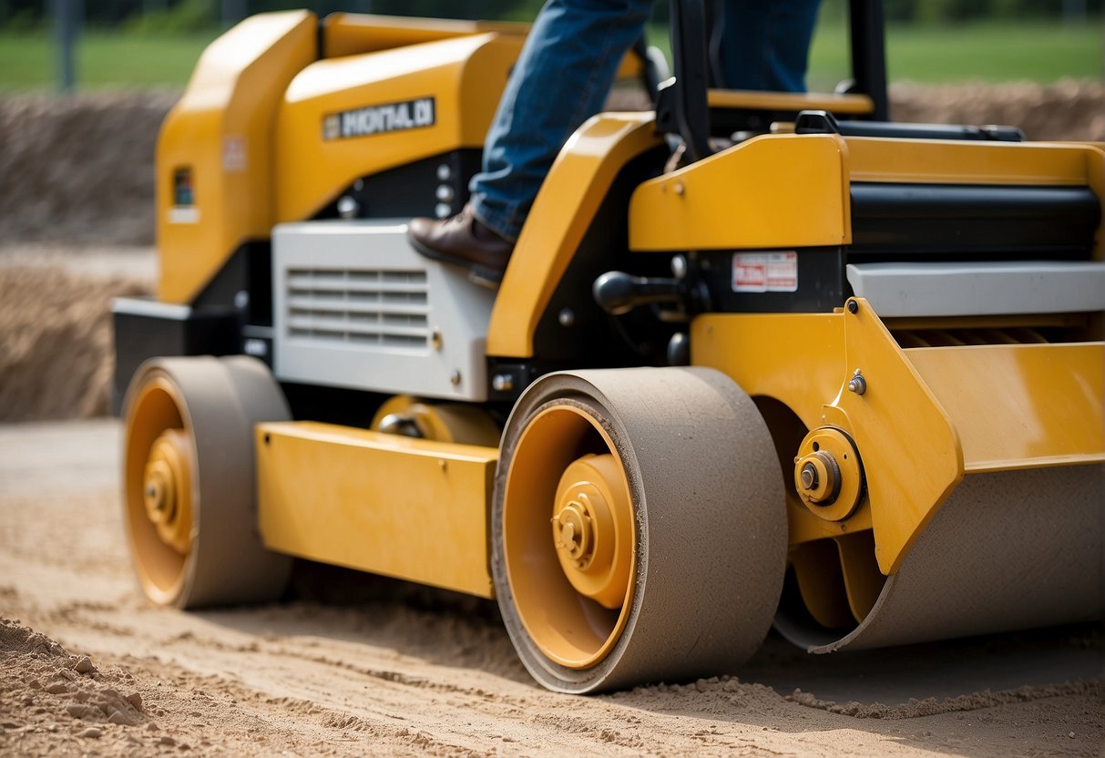 A compactor rolls over the base material, creating a smooth and level surface. Sand is then spread and compacted before laying the pavers